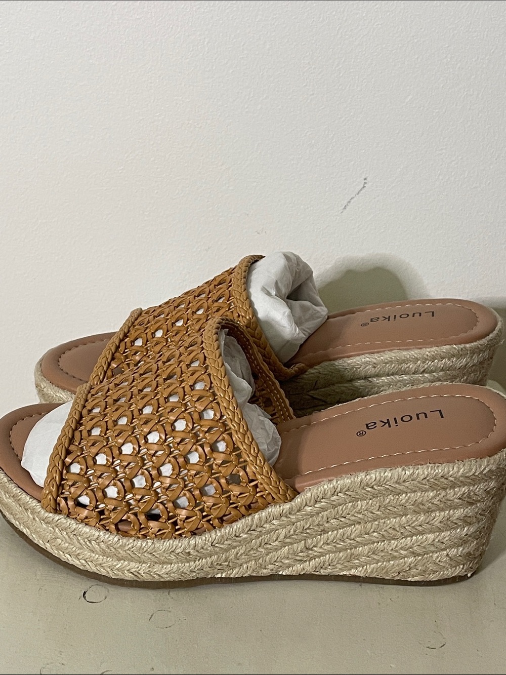 Tan Woven Espadrille Wedge Slide Size 7 Wide BRAND NEW